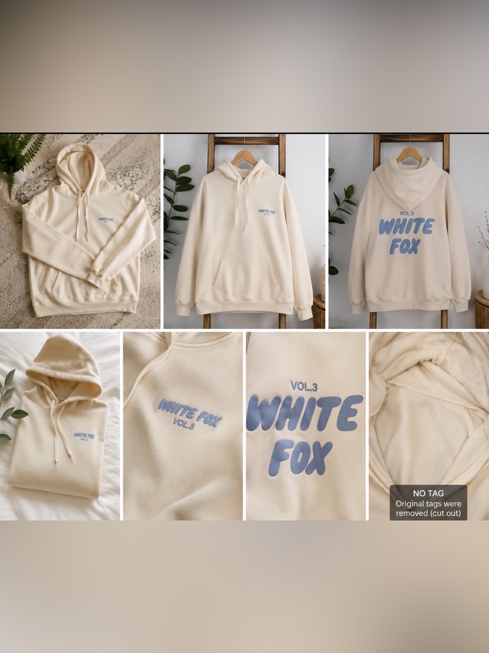 White Fox Boutique Cream Hoodie with Blue Logo